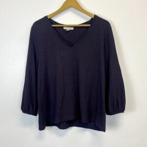 Garnet Hill Dark Blue V Neck Balloon Sleeve Top